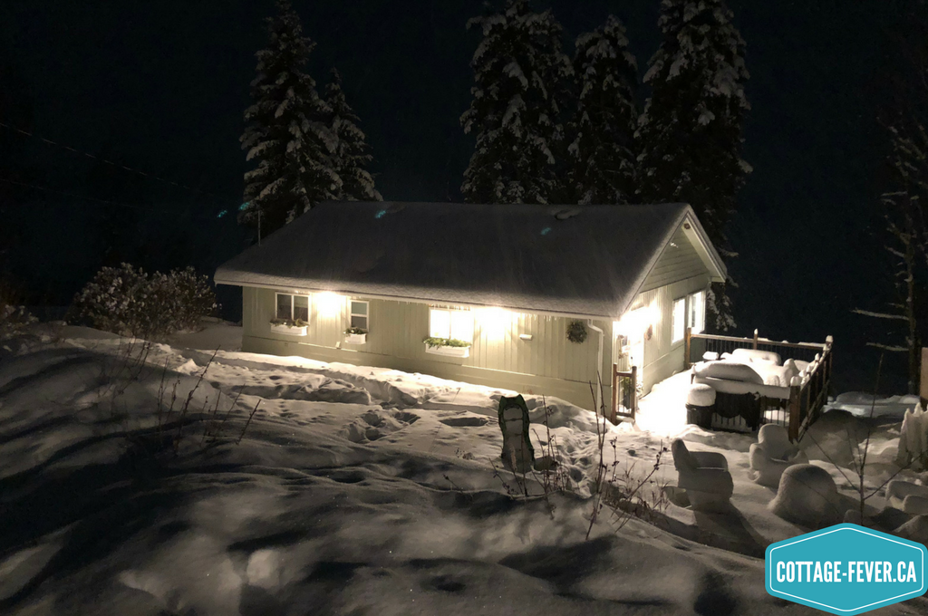 cottage, snow, night, winter