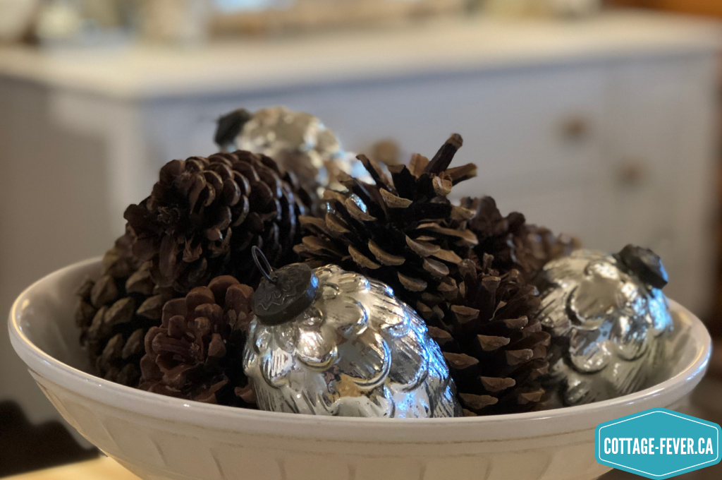 pine cones, mercury glass pine cones, white bowl